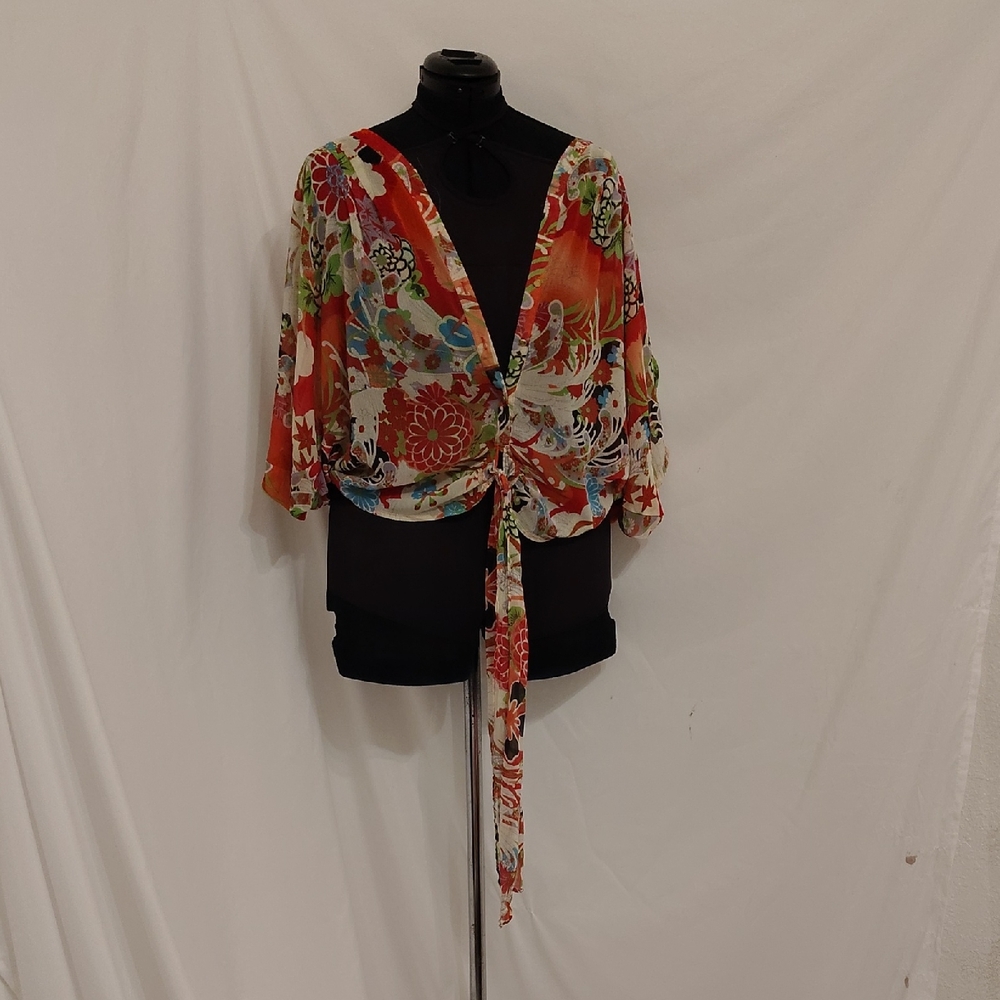 Tie-Front Floral Blouse in Red Multi-Color